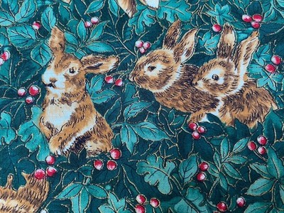 Brown Bunnies Berries Green Leaves Fabric CAMELOT  Hoffman Int. 100% Cotton