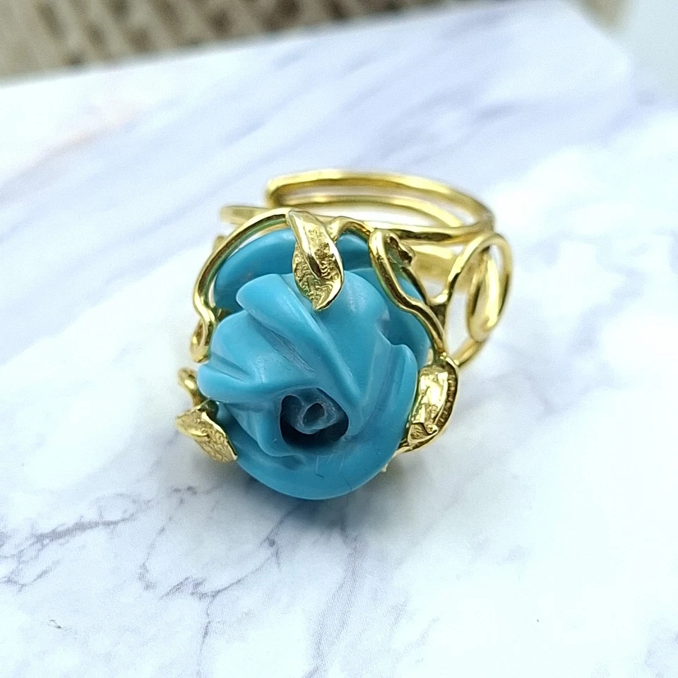 Anello Fiore Rosa Pasta di Turchese Argento 925 Oro Giallo 18 KT Artigianale - Immagine 2 di 4