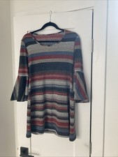 Striped Ribbed Sweater Dress Gray Blue Red Bohemian Vintage Flared Sleeves Large