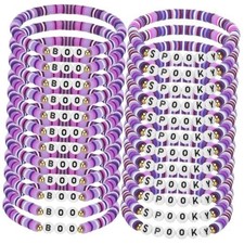 24 Pcs Spooky Boo Halloween Bracelets Polymer Clay Beaded Purple and Red