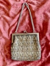 Vintage Silver Glass Beaded Evening Bag Purse Chain Strap Kiss Lock Cocktail
