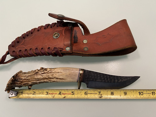 KEN RICHARDSON HAND MADE 10” ELK CROWN STAG HANDLE KNIFE BLADE
