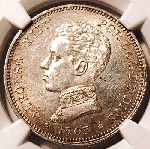 NGC MS61 - Spain 2 pesetas 1905 (05) SMV coin (SILVER!)