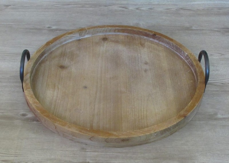 Fuzhou Home Wooden 20" Round Serving Ottoman Tray with Metal Handles