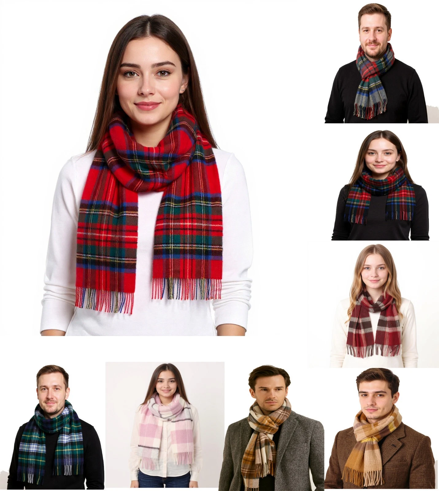 100% Lambs Wool Tartan Scarf with Tassels Plaid Winter Stoles and Shawl