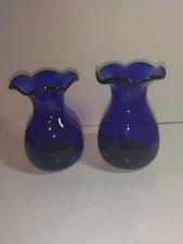 2!Vintage COBALT BLUE Ruffled Vase Shelton Glass Works Blown Glass Art Glass 5"