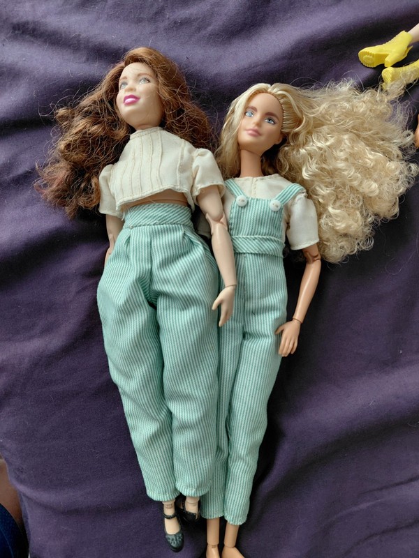 Lot of 2 Fully Articulated Fashion Girl Dolls, Blonde Curly Hair, Mint Overalls