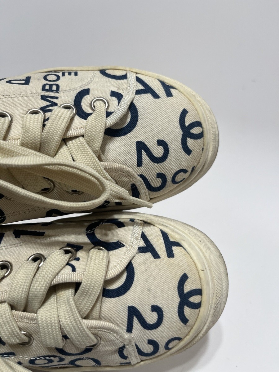 Vtg CHANEL WHITE LOGO PRINT SNEAKERS 35 | eBay