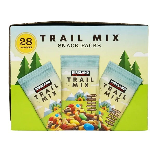 New Kirkland TRAIL MIX snack packs (28 packs)Peanuts M&Ms CashewsRaisins !! !!