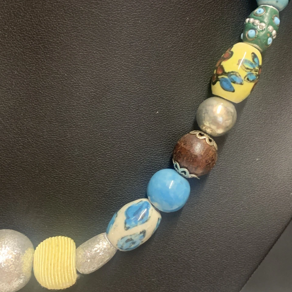 beautiful Bohemian Silver Blue Green Ceramic, Wood Beaded Necklace Adjustable - Image 3 of 4