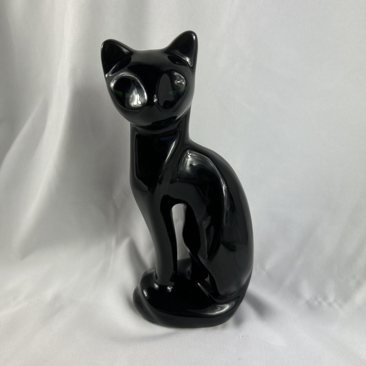Vintage Black Cat Figurine Sleek With Green Eyes 8” Ceramic Mid