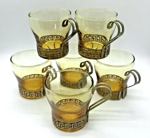 6 MCM Libbey Mugs Cups GREEK KEY Amber Gold Glass Metal Holders Gold Tone Retro