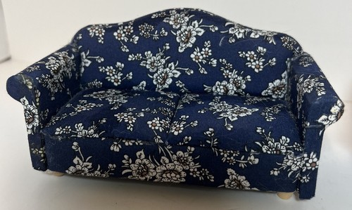 Dollhouse Furniture Miniature Floral Couch & Chair Wood & Fabric Blue White - Picture 3 of 7