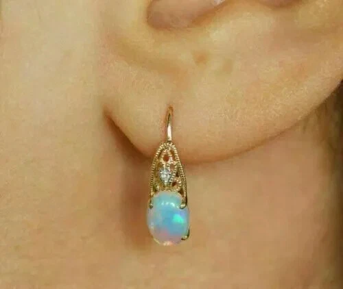 2.3Ct Oval Cut Lab Created Fire Opal Hoop Wedding Earring 14K Yellow Gold Plated - Image 3 of 4