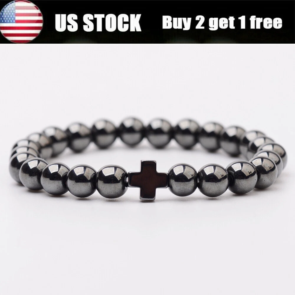 Christian Prayer Cross Bracelets 8mm Magnetic Hematite Beaded