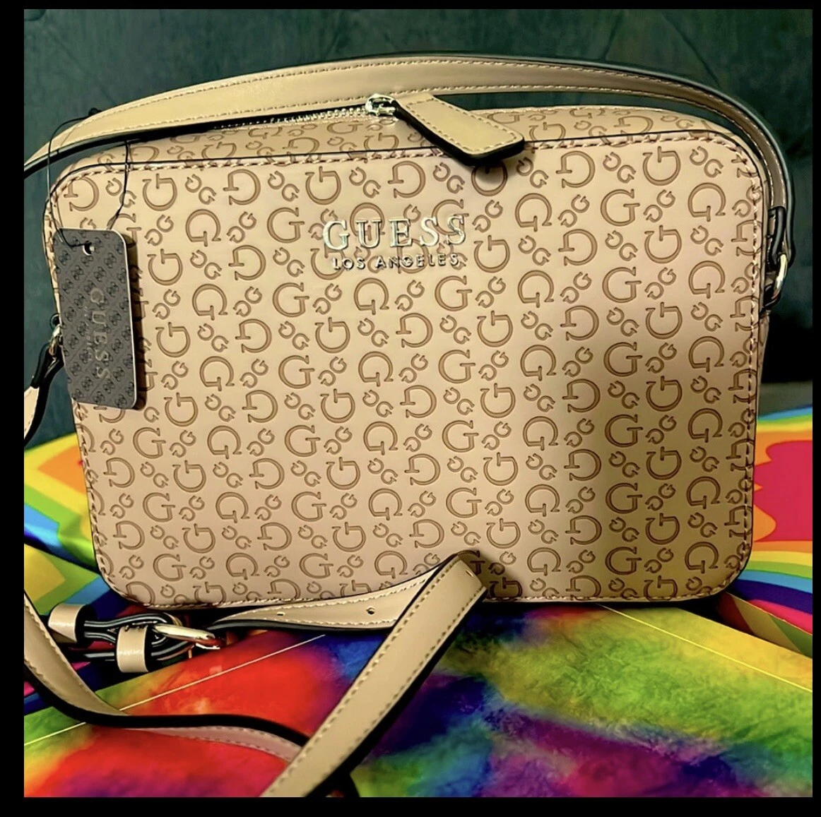 Guess Hensley Mini Crossbody Bag Guess Logo Adjustable Strap in Taupe 65