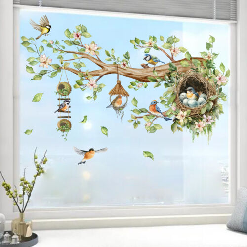 Birds Tree Branch Window Stickers Floral Green Leaves Bird Nest Decals Decor - Picture 3 of 6