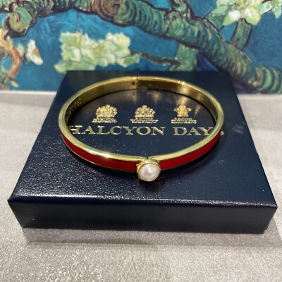 Halcyon Days dünner Cabochon Perle rot & gold Armreif Armband Valentinstag Geschenk