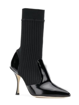 New In Box $1300 Dolce & Gabbana Lori Black Ribbed Patent Leather Boots 37/7