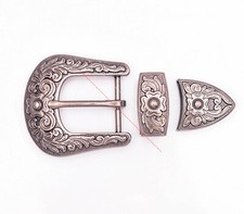 25/30/38MM Antique Silver Floral Western Rodeo Leathercraft 3pc Set Belt Buckle