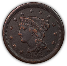 1852 Braided Hair Large Cent Almost Uncirculated AU Coin, Dark #19459