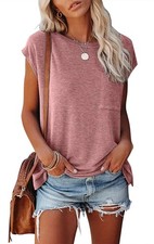 Women's Loose Cap Sleeve T-shirts Solid Color Blouse with Pocket Pink Size Small