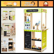 24 Pcs Kids Coffee Shop Playset - Wooden Grocery Store, Drive-Thru, Cash Registe
