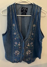 Vintage 90s Solutions Denim Vest Medium Jean Button-Up Y2K Floral Embroidery