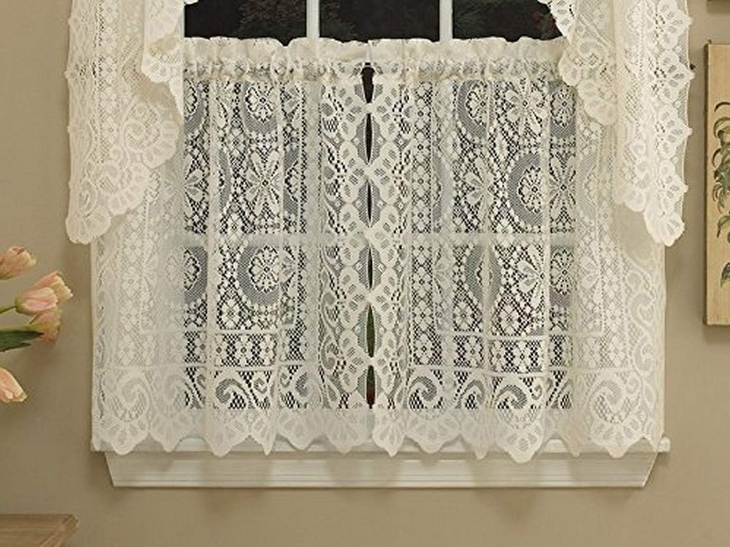 Old World floral heavy lace kitchen curtain 24-inch tier in Hopewell cream