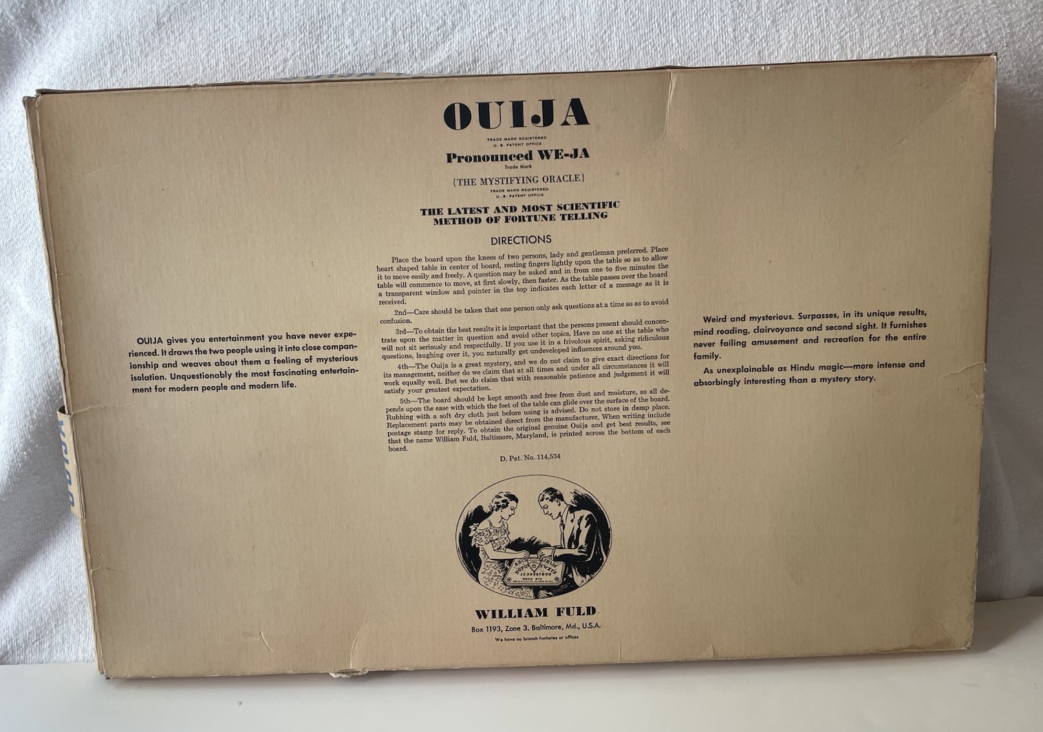 Vintage 40s-50s Ouija Board, William Fuld, With Planchette & Box - Square Edges