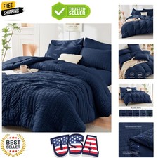 Navy Blue California King Comforter Set Seersucker 7 Pieces, All Season Luxur...