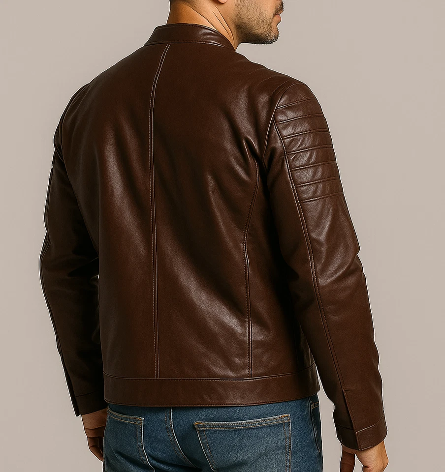 Mens Cafe Racer Biker Real Leather Jacket Brown Colour Lambskin Motorcycle Coat - Image 3 of 4