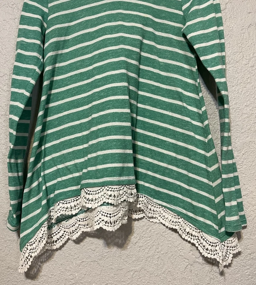 Sudadera con Capucha Autoestima Para Mujer XS Verde Blanco Rayas Pullover Suéter Top Borde de Encaje Foto 3 de 4