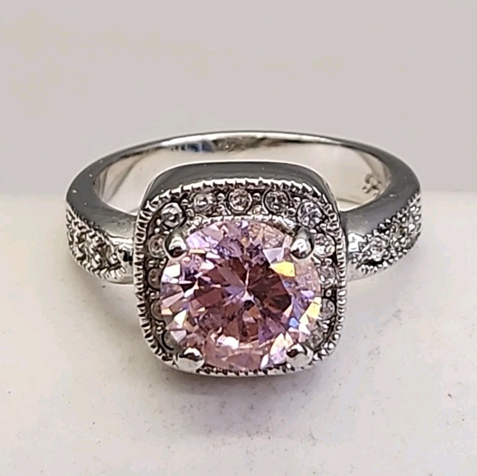 Lab Created Pink Ruby Ring PDJ Cushion Silver Pla… - image 1