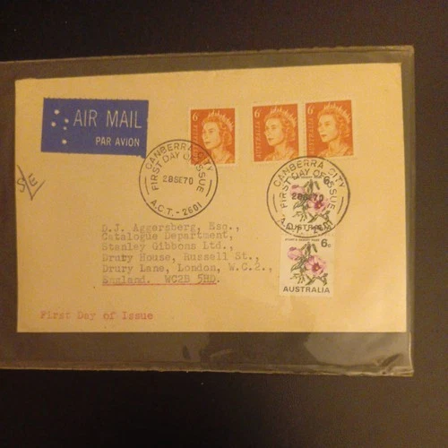 Australia 1970 Floral Emblem Coil Stamps FDC.FDI.Airmail to Stanley Gibbons. a4