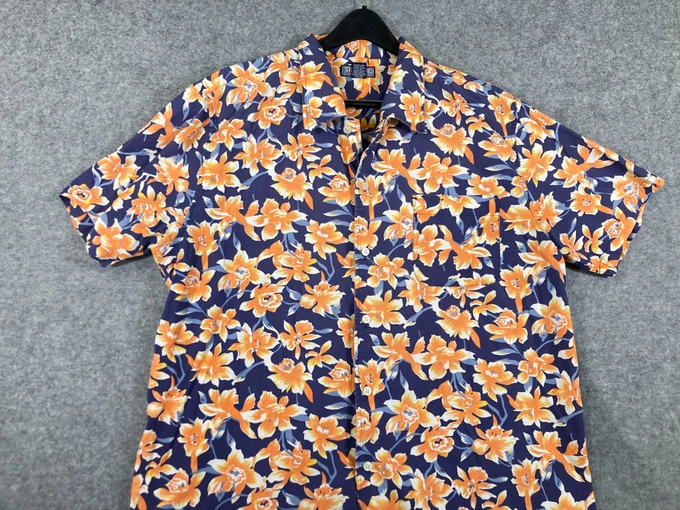 Camisa Hawaiana Estructura Abotonada Para Hombre XL Azul Naranja Floral Manga Corta Playa Foto 2 de 4