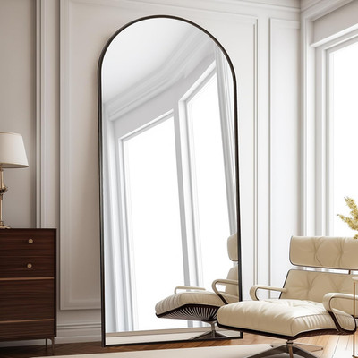 Elegant 76'' Arched Full Length Mirror with Stand - Black Aluminum Frame