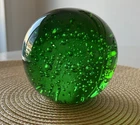 VTG Murano Hand-Blown Green Art Glass Paperweight Bullicante Controlled Bubbles