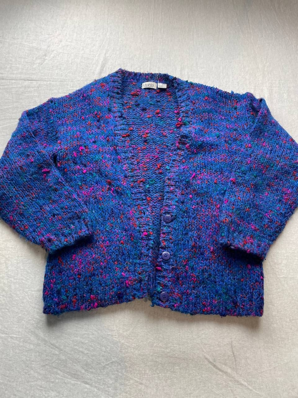 Lucia Womens Cardigan Sweater Blue Chunky Knit Small Wool Blend Shoulder Pads