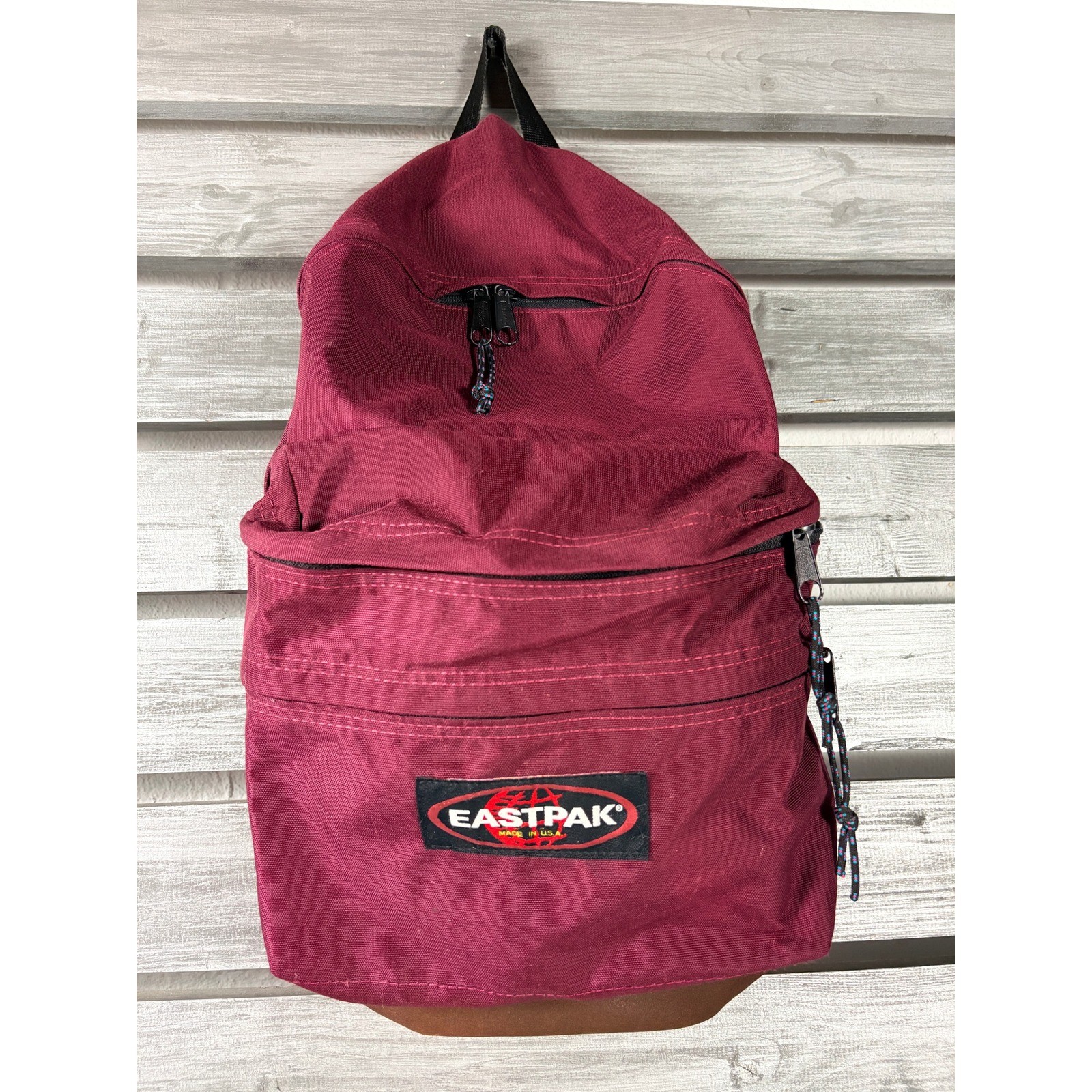 Vintage Eastpak Backpack Burgundy Canvas Suede Leather Bottom Made in USA Bag