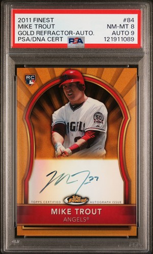 2011 FINEST GOLD REFRACTOR-AUTO #84 MIKE TROUT 25/75 PSA 8 AUTO 9
