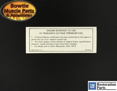 1969 1970 GM 97 Octane Premium Fuel Decal   Z/28 COPO SS396 LT 1   GM 3745926