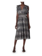 JOIE Womens Black Smocked Flutter V Neck Midi Evening Fit + Flare Dress S
