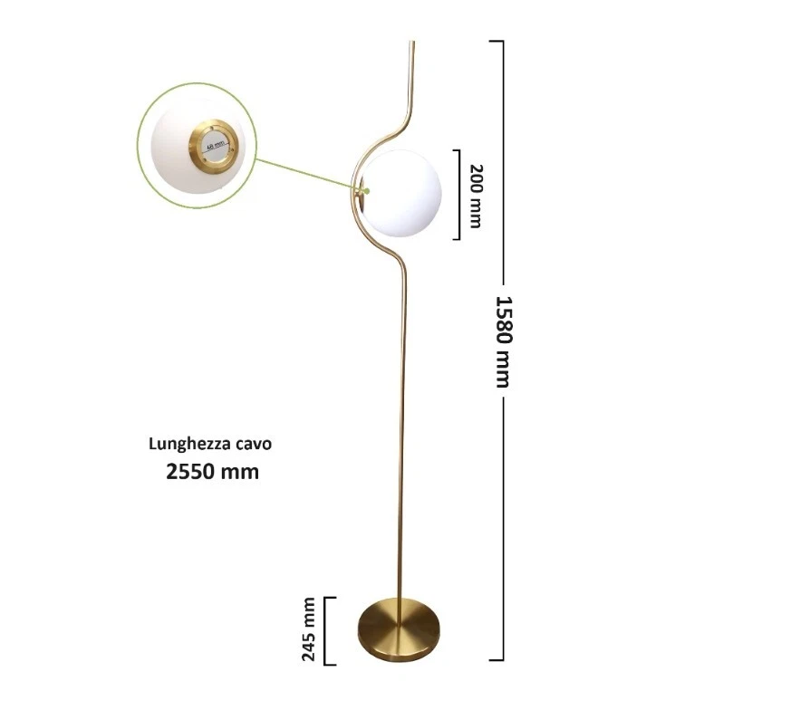 Lampada da Terra Attacco E27 Sfera Vetro Oro Argento Piantana Moderna da Interni - Immagine 4 di 4