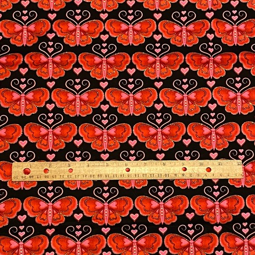 1 YD Glittered Heart Butterflies Fabric Traditions Red Black Cotton - Picture 2 of 4