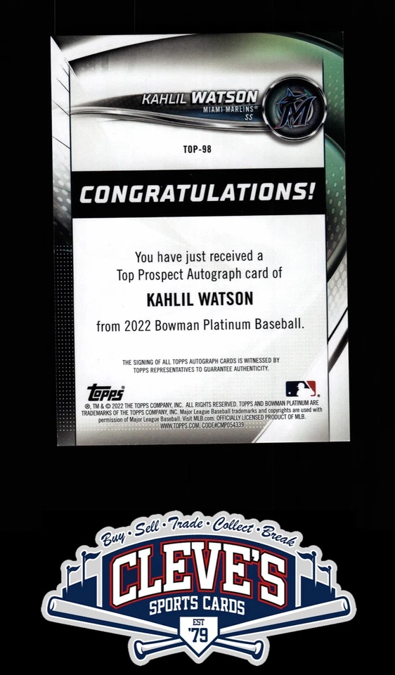 2022 BOWMAN PLATINUM KAHLIL WATSON AUTO 11/25 ORANGE FOIL MIAMI MARLINS - Image 2 of 2