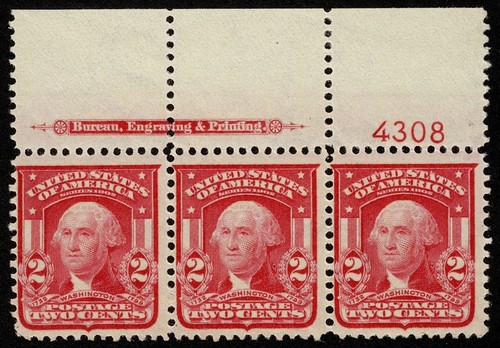 Scott#319 2c President George Washington Plate# Strip Mint NH OG Never Hinged