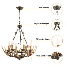 24" Rustic Antler Chandelier 6-Light Dimmable Hanging Lamp Home Lighting Fixture