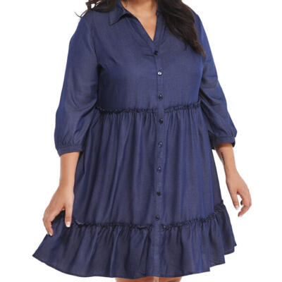 Mlle Gabrielle faux tencel denim dress,3/4 sleeve, button  down,collared,ruffels. | eBay