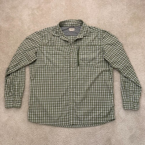 LL Bean Fishing Shirt XL Tall Roll Tab Long Sleeve Green Plaid Button